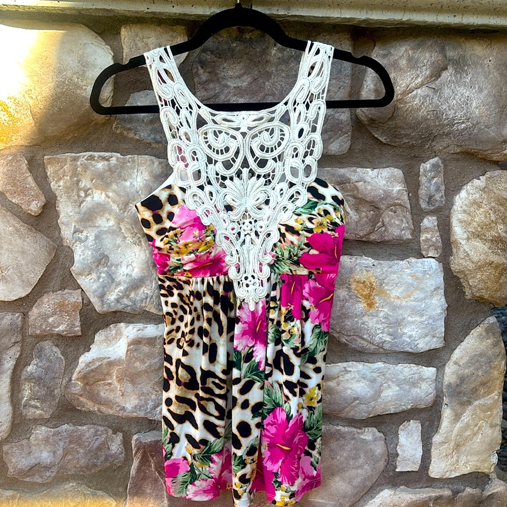 Boston Proper Floral Crochet Top Animal Print Padded Bust Babydoll XS Y2K